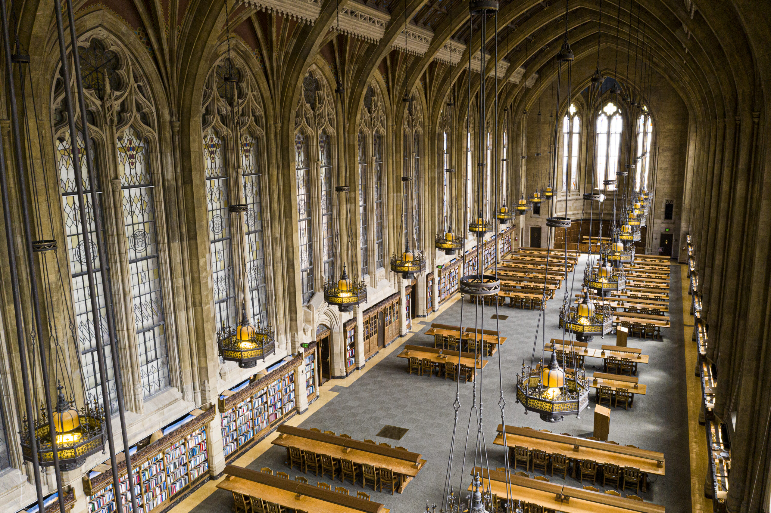 Interior aerial view of Suzzallo Library reading room.