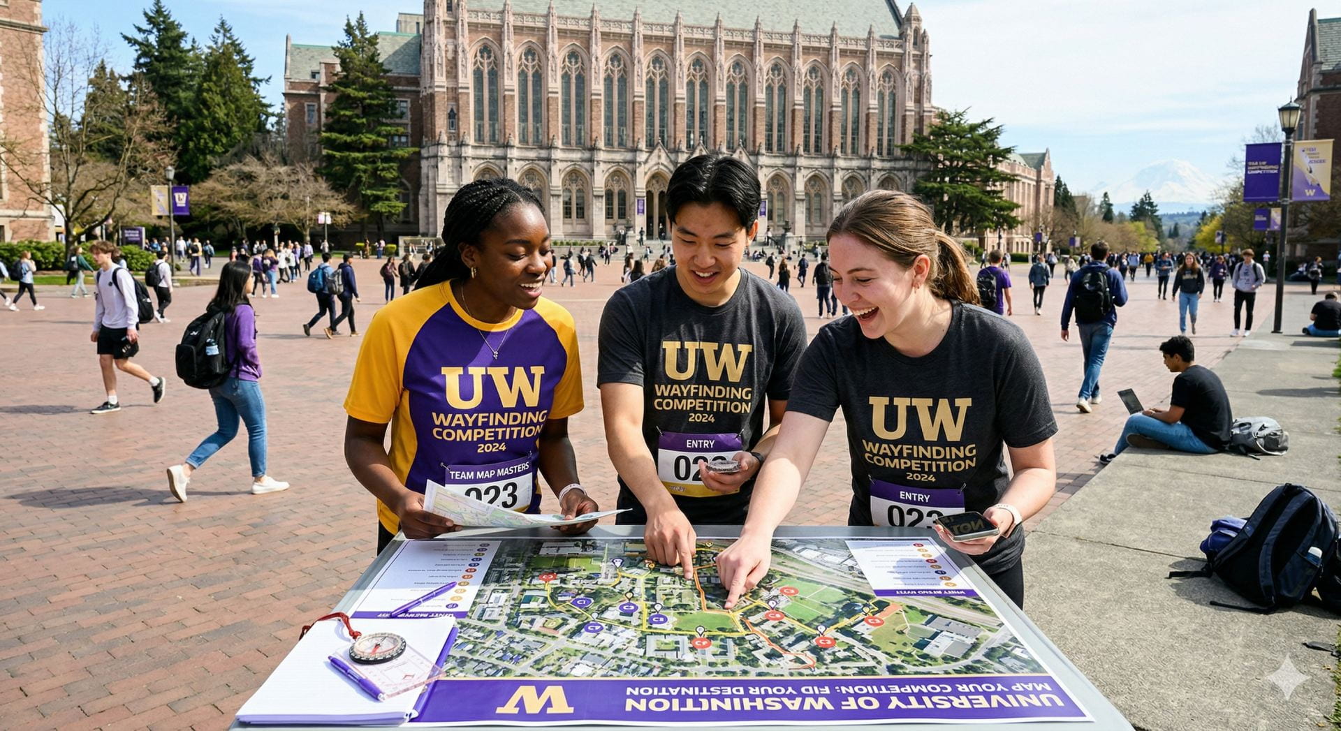 Students look at a map on the UW campus.